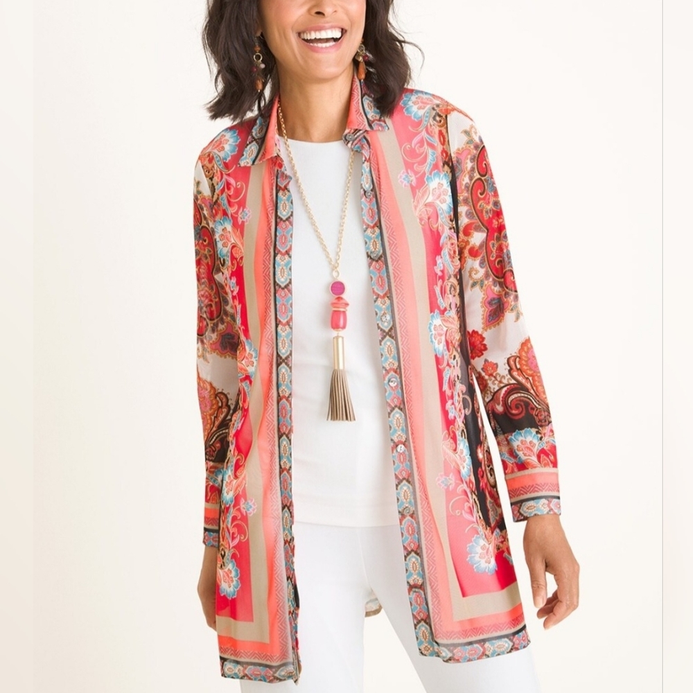 Ladies Chicos Travelers 2/L Orange Mesh Medallion Print Long Button Front Shirt